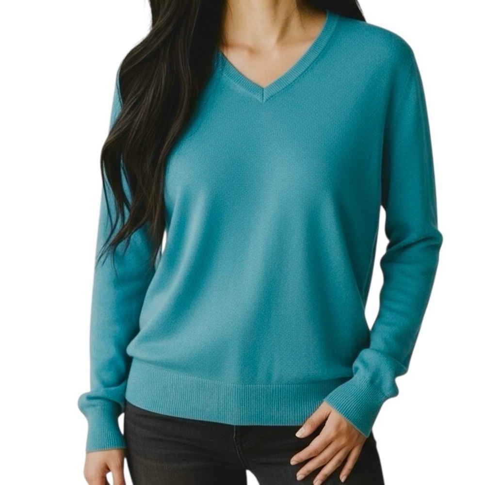 100% Merino Wool Thomas Dean Teal  V-Neck Women Sweater